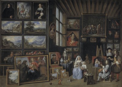 Et billedgalleri med en kunstner, der maler en kvinde og en pige. Allegori over malerkunsten af Gillis van Tilborgh