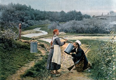 En jæger tager en drink fra en ung kvinde, Rusland, ca. 1890 af Gillot