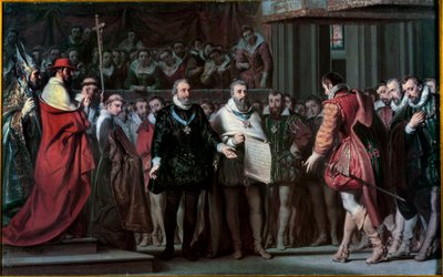 Filip II af Spanien anerkender Henrik IV som konge af Frankrig Maleri af Gillot Saint Evre (1791-1858) 1837 Søn. 0,17x0,71 m af Gillot Saint Evre