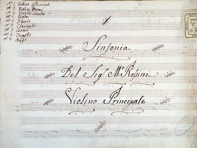 Detalje af første side af violinmusikpartitur til en symfoni af Gioacchino Rossini af Gioachino Rossini