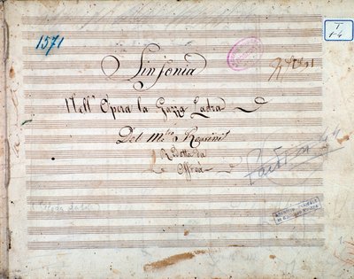 Første side af partitur af symfoni i La gazza ladra (Den tyvende Magpie) af Gioacchino Rossini af Gioachino Rossini