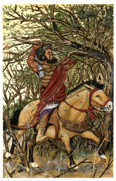En fremstilling af Absalom (eller Avshalom, Absalom), Davids søn, i Efraims skov, hans hår er taget i grenene på en eg. af Giorgio Albertini