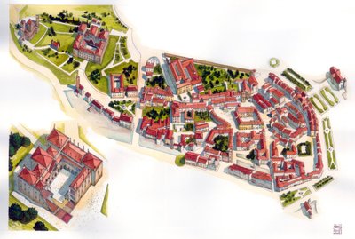 Aeriansk udsigt over byen Guimaraes: til venstre slottet og klosteret, der blev bygget i det 11. århundrede. Portugal. Illustration af Giorgio Albertini. (Brugen af denne forfatters værker er ikke underlagt en ansøgning om tilladelse fra en tredjepart elle af Giorgio Albertini