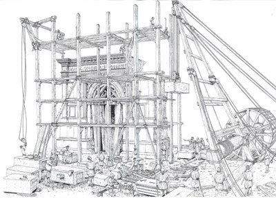 Det gamle Rom: Rekonstruktion af en byggeplads for en bue i det 1. århundrede e.Kr. Arbejderne hejser marmorblokkene op med stilladser og taljer. Illustration af Giorgio Albertini. (Brugen af denne forfatters værker er ikke underlagt en ansøgning om af Giorgio Albertini