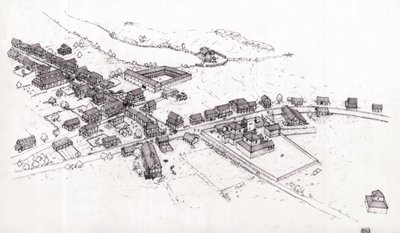 Det gamle Rom: Rekonstruktion af en landsby i det romerske Bretagne (Britannia eller ø-Bretagne) i det 2. århundrede. Illustration af Giorgio Albertini. (Brugen af denne forfatters værker er ikke underlagt en ansøgning om tilladelse fra en tredjepart eller af Giorgio Albertini