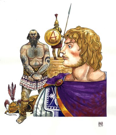Antiquite: den makedonske konge Alexander den Store (356-323 f.Kr.), bag ham fønikiske pirater (karthagere), hvis flåder han ødelagde omkring 332 f.Kr. af Giorgio Albertini