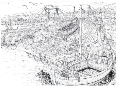 Antiquite: Transport med skib af marmor, sandsynligvis fra stenbruddene i Carrara (Carrara). 2. århundrede efter JC Italien Illustration af Giorgio Albertini. (Brugen af denne forfatters værker er ikke underlagt en ansøgning om tilladelse fra en tredjepart af Giorgio Albertini