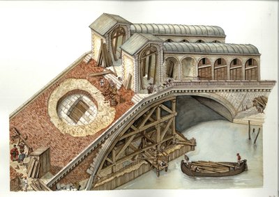 Arkitektur: Byggepladsen for Rialtobroen i 1588-1591 i Venedig, Italien. Illustration af Giorgio Albertini (Brugen af denne forfatters værker er ikke underlagt tilladelse fra en tredjepart eller betaling af yderligere royalties. af Giorgio Albertini