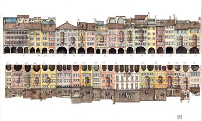 Arkitektur: Flad udsigt over Via dei Portici, overdækket galleri med søjlegang, sammen med farvede huse, fra byen Bolzano, Italien Illustration af Giorgio Albertini. (Brug af denne forfatters værker er ikke underlagt en ansøgning om tilladelse fra af Giorgio Albertini