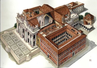 Barok arkitektur: Rekonstruktion af Johannes Lateran Basilikaen (Sankt Johannes Laterano eller San Giovanni in Laterano) (17.-18. århundrede) Rom Illustration af Giorgio Albertini. (Brugen af denne forfatters værker er ikke underlagt en ansøgning om auth af Giorgio Albertini