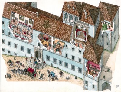 Barokkunst: Udsigt og arkitektonisk udsnit af paladset Chigi a Ariccia, Lazio, i det 17. århundrede. Det indre af familiens værelser og tjenestefolkenes boliger er synlige. Italien af Giorgio Albertini