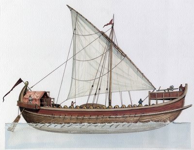Det byzantinske rige: Rekonstruktion af en dromon, et krigsskib, 9.-11. århundrede. af Giorgio Albertini