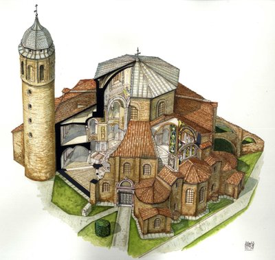 Byzantinsk kunst: gengivelse af Sankt Vitals basilika (Saint Vital eller San Vitale) i Ravenna (Ravenna) i det 5. århundrede. Luftfoto med udskæringer for at se interiøret. Italien Illustration af Giorgio Albertini. (Brugen af denne forfatters værker er ik af Giorgio Albertini
