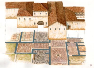 Byzantinsk kunst: Udsigt til Domus-stedet med stentæpper (dei tappeti di pietra) i Ravenna (Ravenna) i det 6. århundrede, der består af mosaik fra et byzantinsk palads. af Giorgio Albertini
