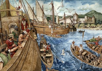 Kolonisering af Guldkysten (Ghana) i Afrika: Portugiserne tog af sted til Guineas kyst 21.1.1482 og byggede fortet Sao Jorge de Mina (Elmina) for at styrke guld- og slavehandelen. Portugisiske karaveller repræsenteret langs de afrikanske kyster. Il af Giorgio Albertini