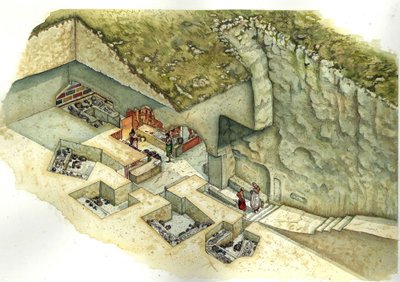 Etruskisk civilisation: rekonstruktion og udskæring af graven Francois de Vulci. 3. århundrede f.Kr. Italien af Giorgio Albertini