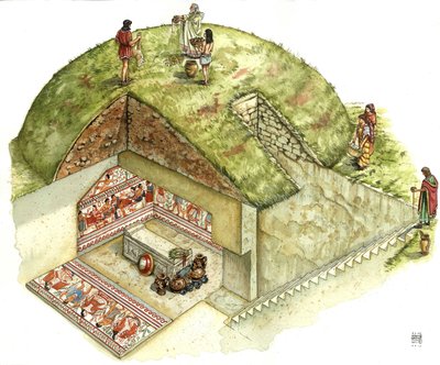 Etruskisk civilisation: rekonstruktion og udskæring af Triclinios grav (triclinium), Tarquinias nekropolis. 5. århundrede f.Kr. Italien Illustration af Giorgio Albertini. af Giorgio Albertini