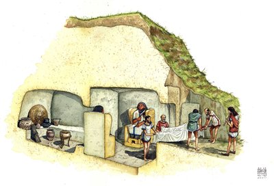 Etruskisk civilisation: rekonstruktion og udskæring af statuernes grav, nekropolis i Ceri. 7. århundrede f.Kr. Italien Illustration af Giorgio Albertini. af Giorgio Albertini