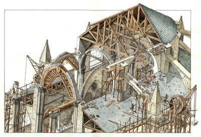 Gotisk kunst: Rekonstruktion af byggepladsen for en gotisk katedral, arbejderne klatrer på stilladser og bruger taljer. 13. århundrede Illustration af Giorgio Albertini. (Brugen af denne forfatters værker er ikke underlagt en ansøgning om tilladelse fr af Giorgio Albertini