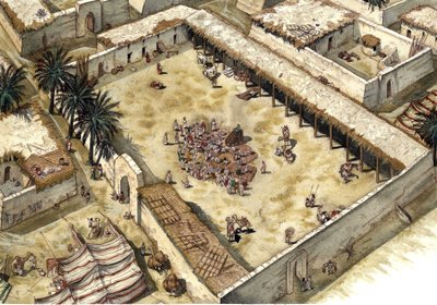 Islam: Profeten Muhammeds (Muhammad eller Muhammad) hus (570-632) efter hans ankomst til Medine i 622, sammen med de første muslimer (Hegira), Saudi-Arabien Profeten er synlig, hans ansigt er tildækket. Illustration af Giorgio Albertini. (Brugen af den af Giorgio Albertini