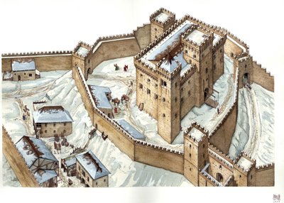 Middelalderarkitektur: Rekonstruktion af slottet i byen Udine i det 14. århundrede. Italien Illustration af Giorgio Albertini. (Brugen af denne forfatters værker er ikke betinget af en ansøgning om tilladelse fra en tredjepart eller af betaling o af Giorgio Albertini