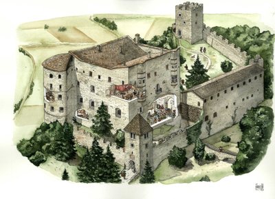 Middelalderarkitektur: Udsigt over slottet i Pergine med udskæringer, der giver mulighed for at se indbyggernes liv i slottets rum i det 16. århundrede. Pergine Valsugana, Trento, Italien Illustration af Giorgio Albertini. (Brugen af denne forfatters værke af Giorgio Albertini