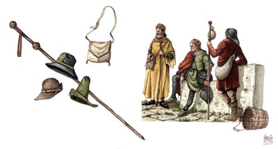 Middelaldermode: pelerinerkostume mellem det 12. og 14. århundrede, taske, hatte, stok, tunikaer. af Giorgio Albertini
