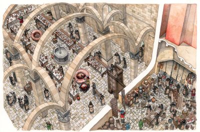 Middelalderen: et refektorium og et køkken i et kloster. Religiøst arbejde med at tilberede fælles måltider. 12. eller 13. århundrede af Giorgio Albertini