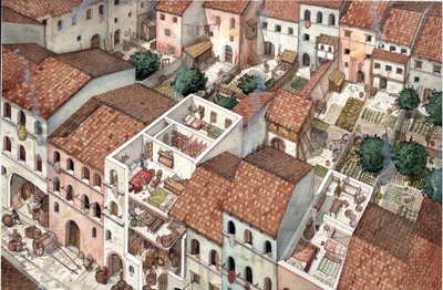 Middelalderen: aerian view of dwellings, tværsnit af det indre af boligerne i Firenze, Italien i det 13. århundrede. af Giorgio Albertini