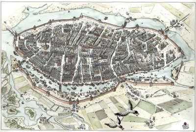 Middelalderen: Luftfoto af byen Lubeck i Tyskland med gadekort, der viser dens geografiske placering på en ø ved sammenløbet af floderne Wakenitz og Trave. Det 15. århundrede. Tyskland Illustration af Giorgio Albertini. (Brugen af denne forfatters w af Giorgio Albertini