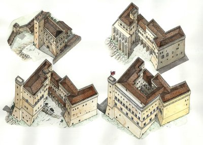 Middelalderen: Luftfoto af de forskellige faser i opførelsen af Vatikanpaladset (Vaticano) mellem det 12. og 15. århundrede. Rom Italien af Giorgio Albertini