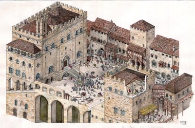 Middelalderen: Luftfoto af det centrale torv i byen Gubbio (Umbrien) i Italien i det 14. århundrede. Konsulernes palads ses til venstre. af Giorgio Albertini