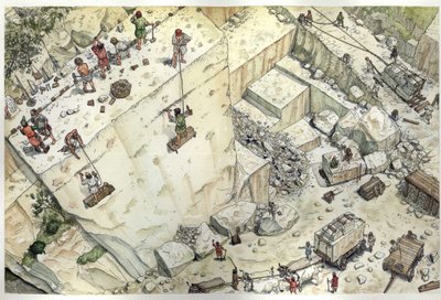 Middelalderen: Luftfoto af arbejdere, der arbejder i marmorbruddene i Carrara (Carrara) i det 15. århundrede. De forskellige trin er repræsenteret, udvinding, blokstørrelse, transport. Italien Illustration af Giorgio Albertini. (Brugen af denne forfatters  af Giorgio Albertini