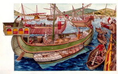 Middelalderen: kommercielle aktiviteter, lastning af både, i havnen i byen Pisa. Italien 13. århundrede af Giorgio Albertini