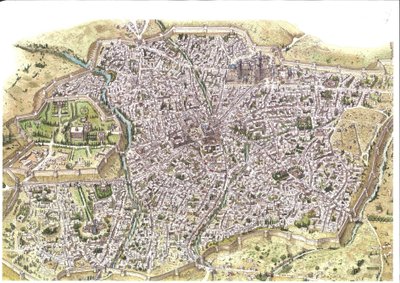 Middelalderen: detaljeret luftfoto af byen Samarkand (Samarkand), hvor man kan se voldene, i Usbekistan på det mongolske Chaybanid-dynastis tid. 1450 omkring Centralasien. Illustration af Giorgio Albertini. (Brugen af denne forfatters værker er af Giorgio Albertini