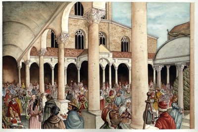 Middelalderen: fideles, pelerins, handlende og romere repræsenteret i det 13. århundrede i peristylen (indgangen) til den gamle Peterskirke i Rom (Peterskirken eller San Pietro-kirken eller Konstantin-kirken) fra Romerriget, Rom. af Giorgio Albertini