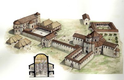 Middelalderen: Oversigt og tværsnit, der rekonstruerer Karl den Stores palads (ca. 742-814), som blev opført af arkitekten Eudes de Metz omkring 794 i Aachen i Tyskland. Illustration af Giorgio Albertini. (Brugen af denne forfatters værker er ikke underlag af Giorgio Albertini