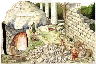 Middelalderen: Rekonstruktion af en kalkovn (chaufour), arbejdere bearbejder kalksten. Illustration af Giorgio Albertini. (Brugen af denne forfatters værker er ikke underlagt en ansøgning om tilladelse fra en tredjepart eller betaling af yderligere gebyrer af Giorgio Albertini