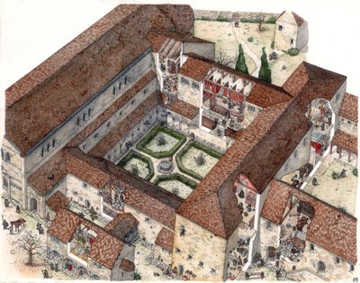 Middelalderen: Genopbygning af et kloster og nonnernes eller munkenes liv. Udskæringerne giver dig mulighed for at se de indre scener. Illustration af Giorgio Albertini. (Brugen af denne forfatters værker er ikke underlagt en ansøgning om tilladelse fra en af Giorgio Albertini