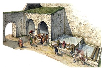 Middelalderen: Genopførelse af et kildevæld i det centrale Italien i det 15. århundrede. Det bruges som vaskehus, vanding og vandsted for byens indbyggere. af Giorgio Albertini