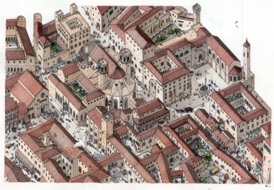 Middelalderen: Genopbygning af det historiske kvarter Barri Gotic (barrio gotico) i Barcelona i det 14. århundrede. Cathedrale Sainte-Eulalie (Sankt Eulalie) er synlig. Spanien Illustration af Giorgio Albertini. (Brugen af denne forfatters værker er ikke u af Giorgio Albertini