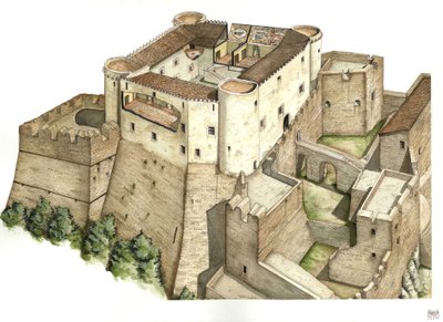 Middelalderen: Rekonstruktion af slottet Santa Severina, bygget i det 11. århundrede, i Catanzaro. Calabrien Italien Illustration af Giorgio Albertini. (Brugen af denne forfatters værker er ikke underlagt en ansøgning om tilladelse fra en tredjepart eller  af Giorgio Albertini