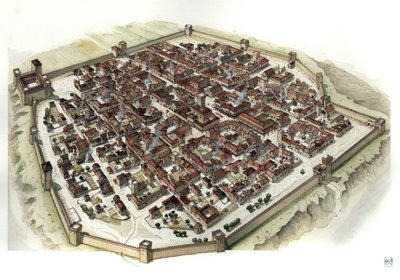Middelalderen: Rekonstruktion af den befæstede by Cherasco (Piemont) på tidspunktet for dens grundlæggelse i det 13. århundrede, Italien af Giorgio Albertini