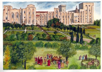 Middelalderen: Udsigt til pavepaladset i Avignon, da det var pavernes residens. I haven spadserer medlemmer af kurien for at beundre eksotiske dyr (kameler, løver) 14. århundrede. af Giorgio Albertini