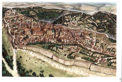 Middelalderen: Udsigt over middelalderbyen Volterra, omgivet af volde, i det 14. århundrede. Toscana. Italien Illustration af Giorgio Albertini. (Brugen af denne forfatters værker er ikke underlagt en ansøgning om tilladelse fra en tredjepart eller til t af Giorgio Albertini
