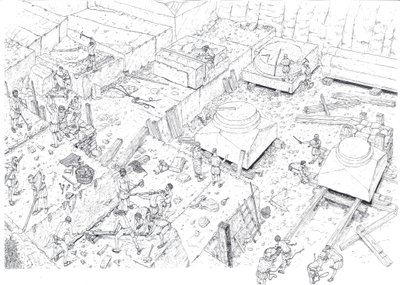 Middelalderen: Udsigt med arbejdere, der arbejder i marmorbruddene i Carrara (Carrara) i det 15. århundrede. Italien Illustration af Giorgio Albertini. (Brugen af denne forfatters værker er ikke underlagt en ansøgning om tilladelse fra en tredjepart o af Giorgio Albertini