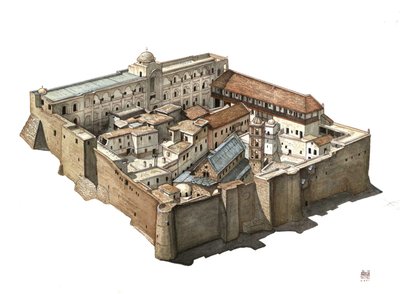 Oversigt over det ortodokse kloster St. Catherine of Sinai i Egypten. Illustration af Giorgio Albertini. (Brugen af denne forfatters værker er ikke underlagt en ansøgning om tilladelse fra en tredjepart eller betaling af yderligere gebyrer). af Giorgio Albertini