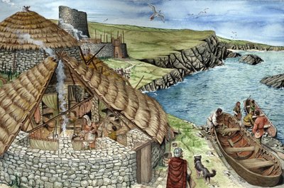 Forhistorie: Rekonstruktion af dagliglivet i jernalderen, en familie i en broch, en befæstet bolig bygget i Skotland, forternes sandsynlige forfædre, repræsenteret i et udsnit, kvinder laver mad, mænd tager af sted med båd for at jage og fiske. Illustratio af Giorgio Albertini