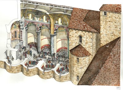 Johannes Lateran (San Giovanni in Laterano) i det 8. århundrede: Den arkitektoniske kop gør det muligt at se trikliniet og en paves indvielsesceremoni. Rom af Giorgio Albertini