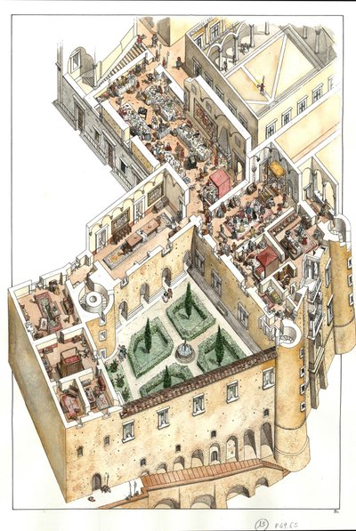 Rekonstruktion af det ædle gulv i hertugpaladset i Urbino, Italien. Det blev bygget af hertug Federico da Montefeltro (Frederic de Montefeltre, hertug af Urbino) i det 15. århundrede. af Giorgio Albertini